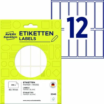 Produktbild von Avery Zweckform 3340, Vielzweck-Etiketten, 62 x 19 mm, 396 Etiketten / 33 Bögen, Weiß