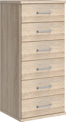 Produktbild von Kommode "Click" aus Spanplatte in Eiche-Sägerau-Nachbildung mit 6 Schubladen. Abmessungen (B/H/T) 46x106x40 cm