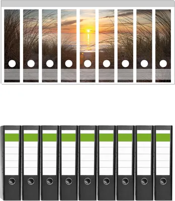 Produktbild von Wallario 9 Stück breite Ordner inkl. Klebeetiketten mit Motive Sonnenuntergang am Strand -  Set mit Rückenschildern / Ordnerrücken Stickern