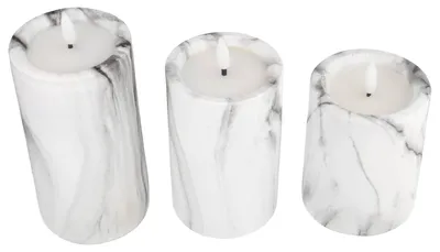 Immagine prodotto di Set di 3 candele LED con struttura effetto marmo e luce LED bianca calda che simula la fiamma, con funzione timer e alimentazione a batteria