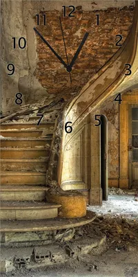 Produktbild von Wallario Design Wanduhr bedruckt, Größe 30 x 60 cm, Motiv: Massive Steintreppe in herrenlosem Haus