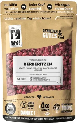 A bag of dried barberries with product information and branding.