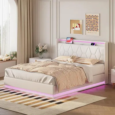 Image de Lit double tapissé 160x200 cm avec espace de rangement et tête de lit, lit coffre avec éclairage, lit à lattes, lit de jeunesse, blanc (160x200 cm)