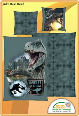 Produktbild von Herding Renforcé Wende Bettwäsche 2 tlg. 135x200cm Jurassic World Dinosaurier Velociraptor Dino Graugrün Giga