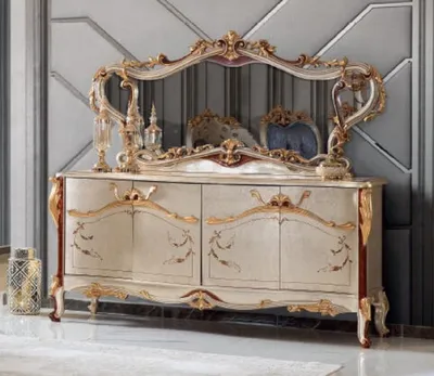 Produktbild von Casa Padrino Luxus Barock Möbel Set Sideboard mit Spiegel Silber / Braun / Gold - Prunkvoller Massivholz Schrank mit elegantem Wandspiegel - Möbel im Barockstil