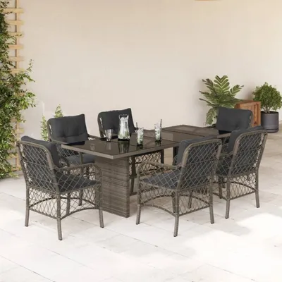 Produktbild von Design 7-tlg. Garten-Essgruppe mit Kissen Grau Poly Rattan, Gartenmöbel-Sets 2024 Neu