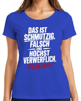 Immagine prodotto di Maglietta da donna, colore blu, taglia L, con la scritta: "Sporco, falso, estremamente riprovevole. Dichiarazione. Sarcasmo."