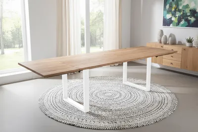 Produktbild von Esstisch mit Ansteckplatten 180(280)x90 cm Baumkante Akazie natur U-Gestell weiß AVINO