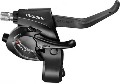 A black bicycle shifter and brake lever assembly is shown against a white background.