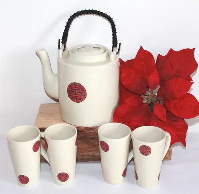 Produktbild von 102 Teeset 5 tlg. Keramik beige rot chin Zeichen hohe Tassen