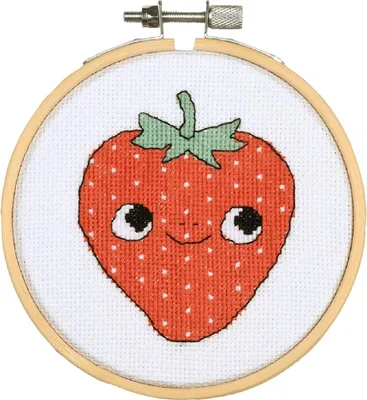 Image de Vervaco Paquet de broderie au point de croix avec cadre à broder "Eva Mouton Fraise", motif à compter, Diam 10cm