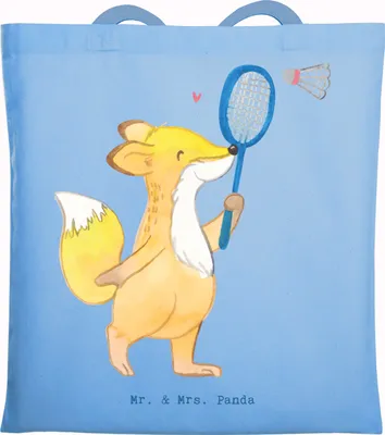 Produktbild von Mr. & Mrs. Panda Einkaufstasche Fuchs Federball spielen - Sky Blue - Geschenk, Badminton, Beutel, Laptoptasche, Tasche, Tragetasche, dokumententasche, Tote Bag