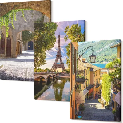 Produktbild von Leinwandbild – Wandbild – Leinwandbilder – Kunstdruck – Polycanvas – Modern – Mehrteilig – 3-Teilig Set – Hochwertig – Geruchslos – Lichtecht – Fertig Aufgespannt – 20x30 Cm Je Teil - Schöne Straßen, historische Architektur, Eiffelturm