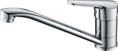 A chrome kitchen faucet is shown against a white background.
