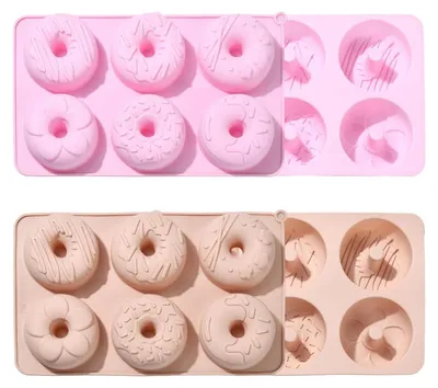 Image de Moules en silicone en forme de beignet, lot de 2, chacun avec 6 cavités, réutilisables pour la pâtisserie, les confiseries, les puddings, les savons et les projets de bricolage