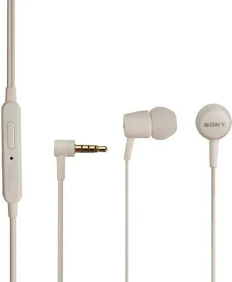 A white Sony MH750 headset is displayed against a white background, showing the earbuds, the audio jack, and the in-line control.