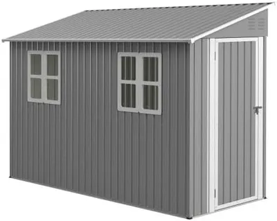 Image de Abri de jardin en métal, dimensions 1,2 x 3 mètres – Gris, maisonnette de jardin résistante aux intempéries, avec kit de sol, design adossé, avec porte et 2 fenêtres, abri à vélos en acier inoxydable pour une utilisation en extérieur