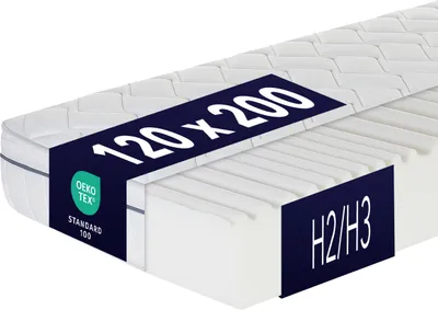 A close-up, angled view of a mattress with labels indicating its size and firmness.