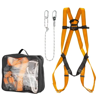 Obrázok produktu pre Súprava postroja NEO TOOLS bez tlmiča nárazov; bezpečnostný postroj, 650 g, veľkosť M-XL, polyesterový popruh 45 mm; 2 m nastaviteľné bezpečnostné lano; 2 karabíny s poistnou maticou typu Screw-Lock
