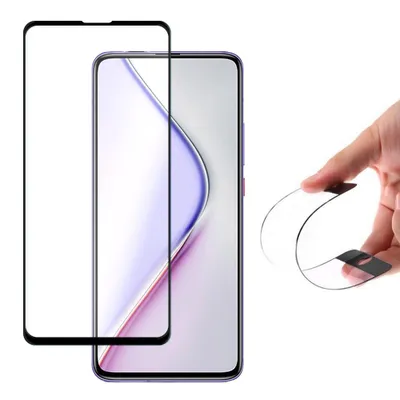 A screen protector is shown next to a smartphone, with a hand demonstrating the flexibility of the screen protector.