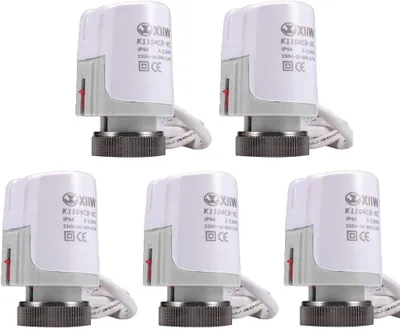 A collage of five identical thermostatic radiator valve actuators for underfloor heating.