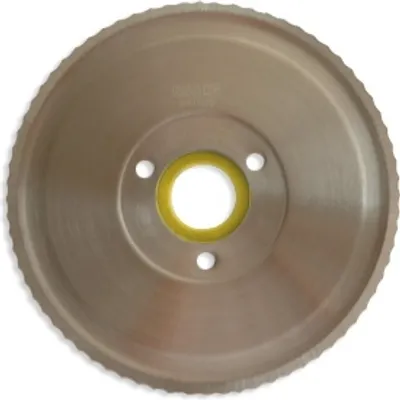 A close-up, centered shot of a circular metal blade with a serrated edge and a yellow inner ring.