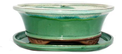 Produktbild von Bonsai-Schale mit Untersetzer, Größe 4 – grün/beige – oval – Modell O4 – L 26 cm – B 21 cm – H 7,5 cm