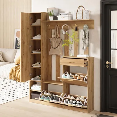 Imagen del producto de Conjunto de armario STILVORA con espejo y 3 zapateros, armario compacto con 1 cajón, armario con muchos ganchos, color natural