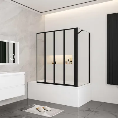 A modern bathroom with a bathtub and shower enclosure.