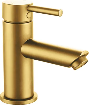 A close-up studio shot of a single gold-brushed faucet.