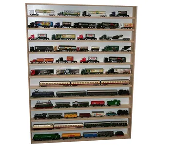 Produktbild von V92A Vitrine Sammlervitrine Wandvitrine Hängevitrine Modelleisenbahn mit Spur HO & N und Plexiglas Regal 90 cm Fächer 12