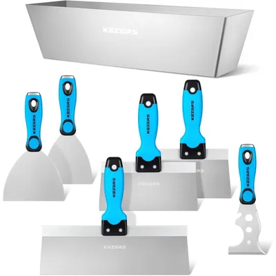 Productafbeelding van Spachtelset, 7-delig, roestvrij staal met siliconen handgrepen. Set met schuurspaan, variërend van 76 mm tot 305 mm, inclusief mortelbak van 305 mm