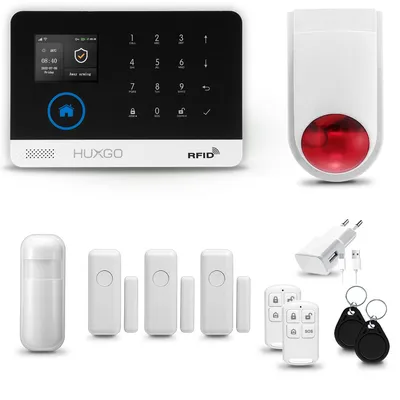 Produktbild von HUXGO HXA003 Alarmanlage Haus WiFi + GSM 4G mit Funk Sirene, Alarm System mit 1x Bewegungssensor und 3x Tür- Fenstersensor