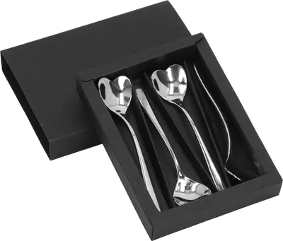 A set of four heart-shaped stainless steel spoons in a black gift box.