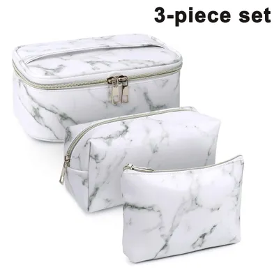 Produktbild von 3 Stück Wasserdicht PolyurethanKosmetiktasche Set Marmor Muster für Damen Schminktasche kulturbeutel Waschtasche Make Up Tasche