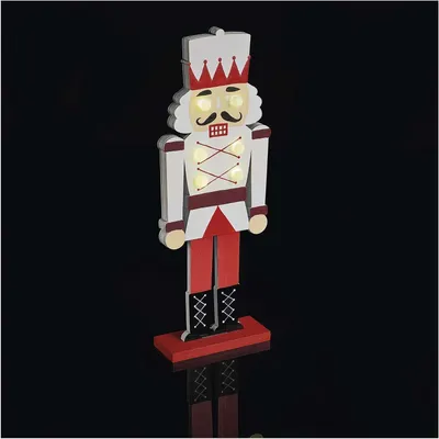 Obrázek produktu pro Dřevěná ozdoba "Louskáček" - vánoční figurka vojáka - sváteční dekorace - teplé bílé LED světýlka - výška 30 cm - červená a bílá