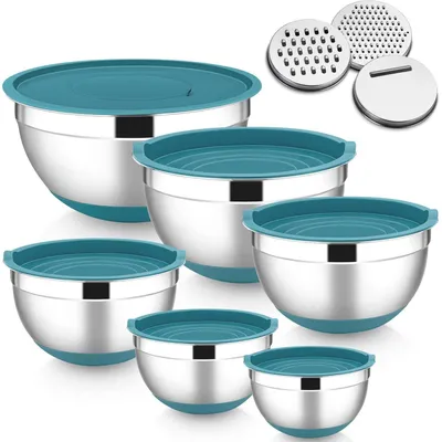 Productafbeelding van Rührkommen, blau, met siliconenbodem - 6 kommen + 6 deksels + 3 raspaccessoires