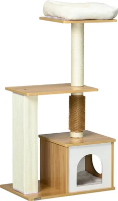Produktbild von Kratzbaum Katzenbaum Katzenhöhle, 1 Katzenbett, 1 Liegefläche, 59,5 cm x 39,5 cm x 114 cm, Braun + Weiß