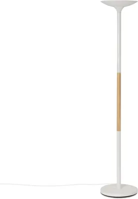 A white floor lamp with a wooden accent is shown against a white background.