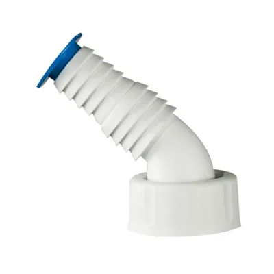 A white plastic hose fitting with a blue cap, angled on a white background.