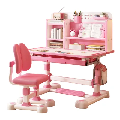 Produktbild von 2-teiliges Kinder-Schreibtisch-Stuhl-Set, höhenverstellbares Kinder-Schul-Schreibtisch-Stuhl-Set mit Sitzkorrektur, ergonomischer Schreibtischstuhl mit Buchablage, Fußpedal, Trennwanddesign (Rosa, Blau)