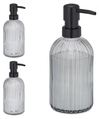 Image de Distributeur de savon en verre Relaxdays, lot de 3, pompe, rechargeable, salle de bains, cuisine, distributeur de savon liquide, 400 ml, noir