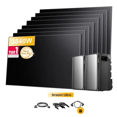 Produktbild von Balkonkraftwerk mit Speicher, 2x EcoFlow Stream Ultra mit 8xSunpro 480Wp Full Black Bifazial Solarmodule mit EcoFlow Parallel Kabel (0% MwSt)