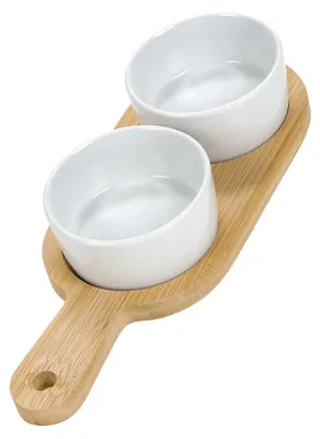 Produktbild von 3-tlg. Tapas-Set, 2 weiße runde Keramik-Schalen, 1 Bambus-Tablett, für Snacks, kleine Vorspeisen, Fingerfood etc.