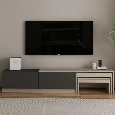 Produktbild von Skye Decor, Hochwertiger TV-Ständer, 180 x 36 x 30 cm, Travertin und Anthrazit | 100% melaminbeschichtete Spanplatte, 18 mm dick | Wandmontage möglich, modern und funktional.