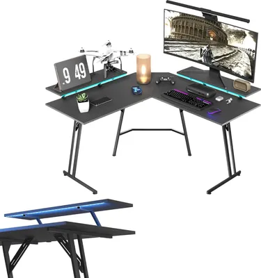 Produktbild von UISEBRT 120 cm L-förmiger Gaming Tisch, Eckschreibtisch für PC, Computertisch Bürotisch mit Monitorhalterung, Schwarz, Gamer Tisch, mit LED-Lichtern