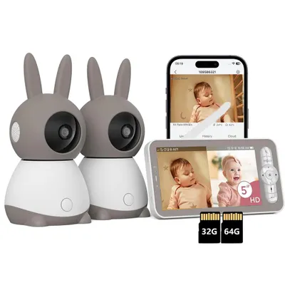 Produktbild von Babyphone mit 2 Kameras und APP 2K/5,0 Zoll WLAN Babyfon mit Split-Screen PTZ 360° 4× Zoom IR-Nachtsicht Automatische Verfolgung mit 32G&64G Karte