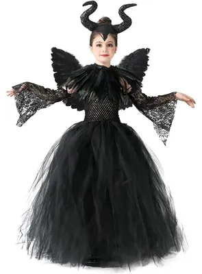 Productafbeelding van Kinderkostuum: Slechte Koningin Maleficent, inclusief jurk, hoornen hoofdband en vleugels