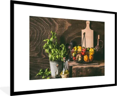Produktbild von MuchoWow® Gerahmtes Poster Gemüse - Kräuter - Rustikal - Stilleben - Basilikum 90x60 cm - Poster mit Schwarzem Bilderrahmen Wandposter Rahmen Foto Bilder - Wanddekoration - Fotos