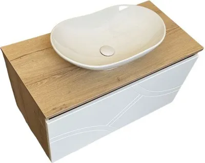 Produktbild von Badmöbel Unterschrank 100cm mit Waschschale Waschschüssel aus Keramik Badmöbel Soft Close Schublade mit Aufsatzwaschbecken